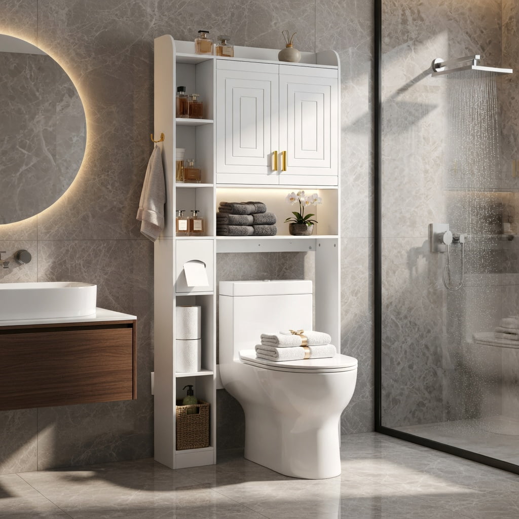 Hommoo Over-the-Toilet Storage Cabinet with LED Lighting, Adjustable Shelves & Wall-Mount Safety Kit, Freestanding Bathroom Organizer, White