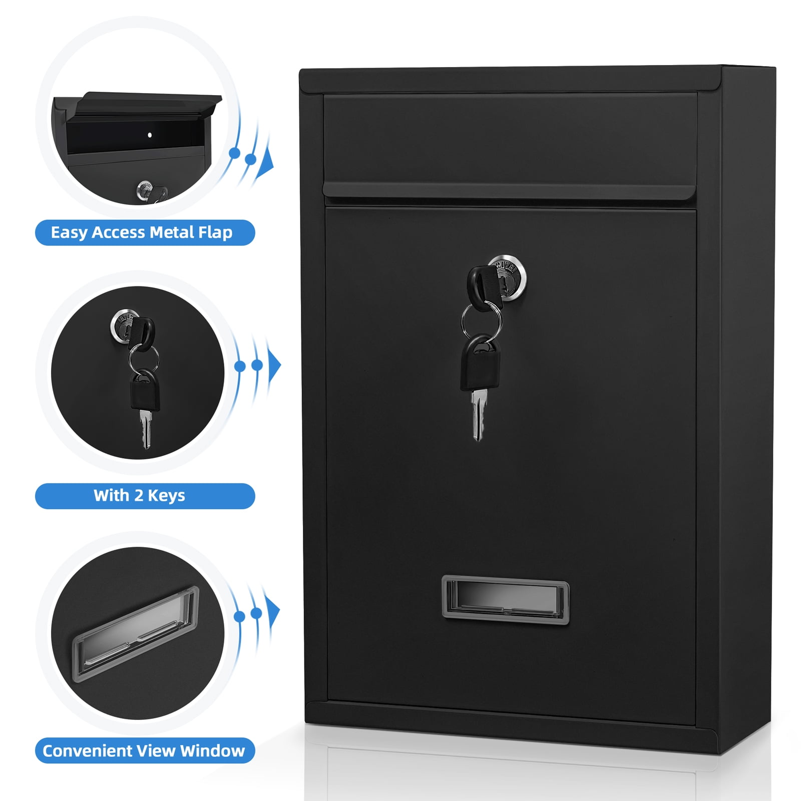 Mailbox Wall Mounted, Key Lock Mail Boxes, 3.3" D x 8.5" W x 12.6" H, Weatherproof Secure Mail Box, Key Lock Mail Boxes Outdoor, White Large (Black Key Lock)