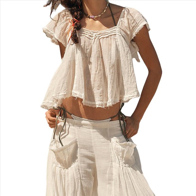 Blusa de Encaje Transparente Estilo Bohemio con Volantes y Lazo Frontal para Mujer, Estilo Babydoll Bordado Y2K, con Botones y Mangas . S