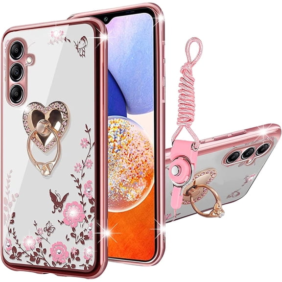 nancheng Kickstand Rose Slim Cell Phone Case with Phone Strap for Samsung Galaxy A14, Rose