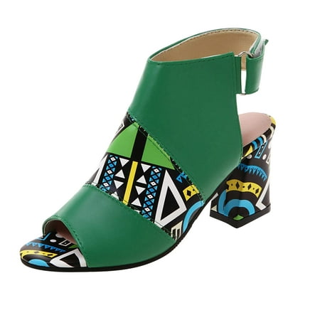 

Women s Chunky High Heels Ethnic Tribe Print Boho Heeled Sandals Casual Summer Cut Out Peep Toe Slingback Ankle Boots Booties