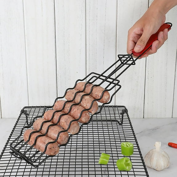 YOHAVEN BBQ Sausage Grill Basket, 19.7" Stainless Steel Hot Dog Grilling Basket Non Stick Folding Handle Fish Meat Vegetable Grill Rack for Outdoor Barbecue