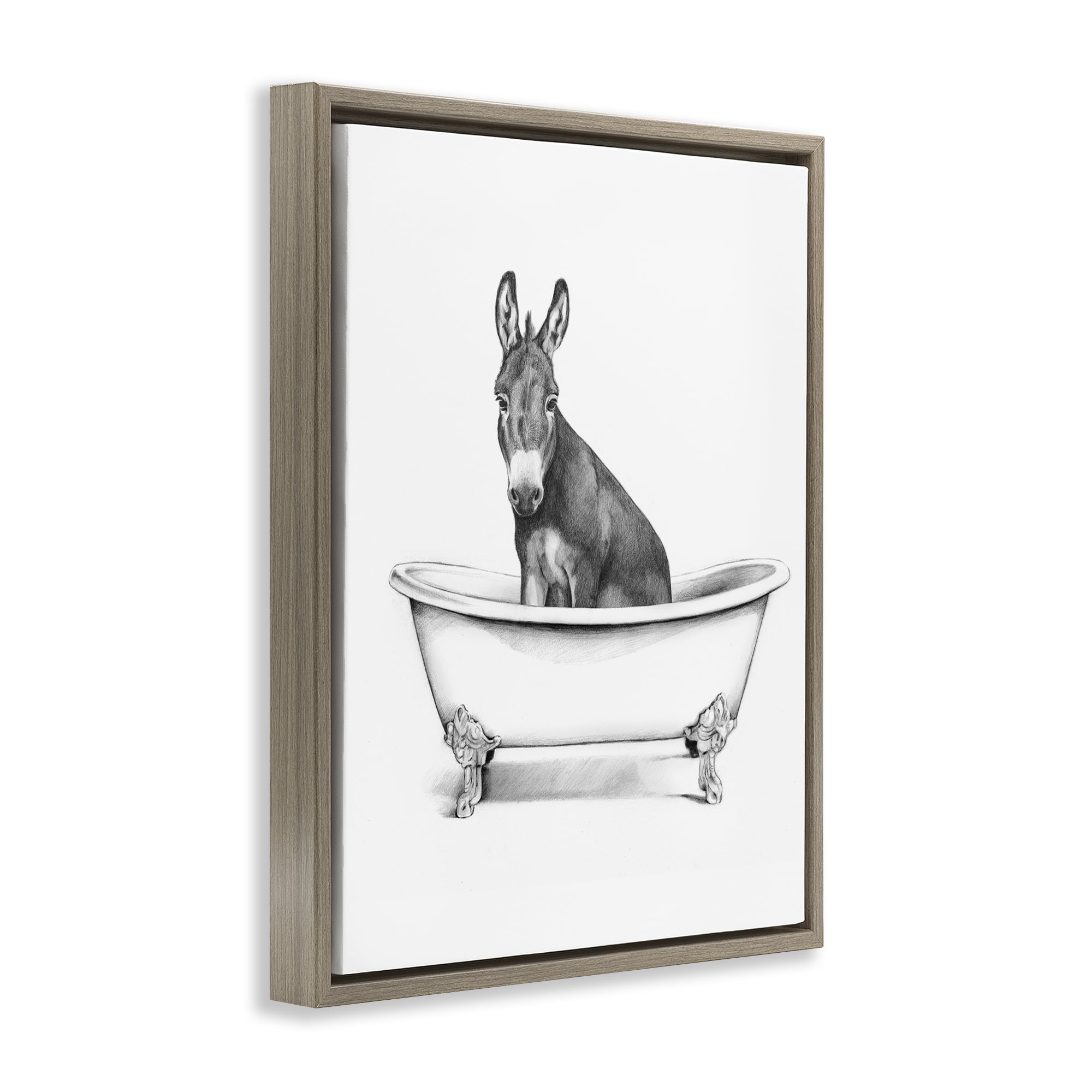 Stupell Industries Antique Tub with Donkey Bath & Laundry Painting Brown Floater Framed Canvas Art Print Wall Art, 17 x 21