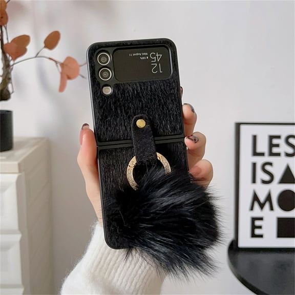 SaniMore for Samsung Galaxy Z Flip 3 Folding Plush Case, Rugged PC Case for Samsung Z Flip 3 Cover with Plush Ball Ring Holder Full Body Protective Case Ladies Women Girls, Black