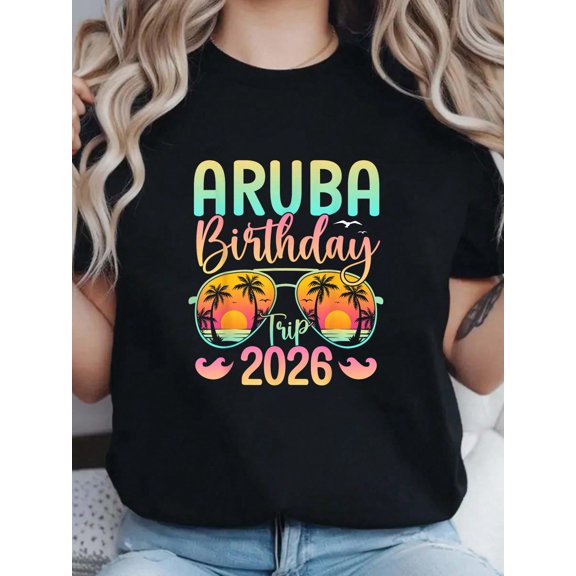 Aruba Birthday Trip 2026 Vintage Sunset Palm Trees Sunglasses Graphic Women Men Cotton Men's Women's Tee Shirt