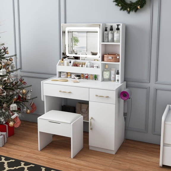 CQSXDA Functional Vanity Desk with Built-In LED Mirror Lights, 3 Drawers and Power Outlet, Perfect Makeup Table for Women
