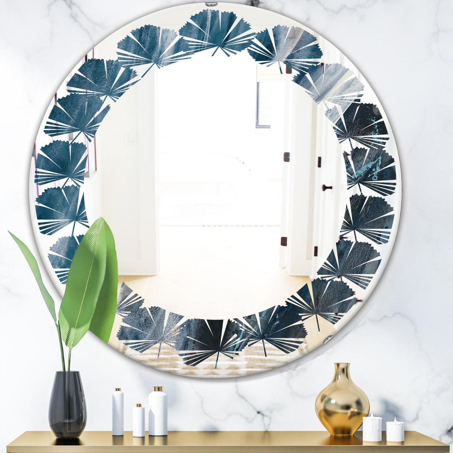 Designart 'Splash Blue Indigo' Modern Round Wall Mirror - Leaves 24x24