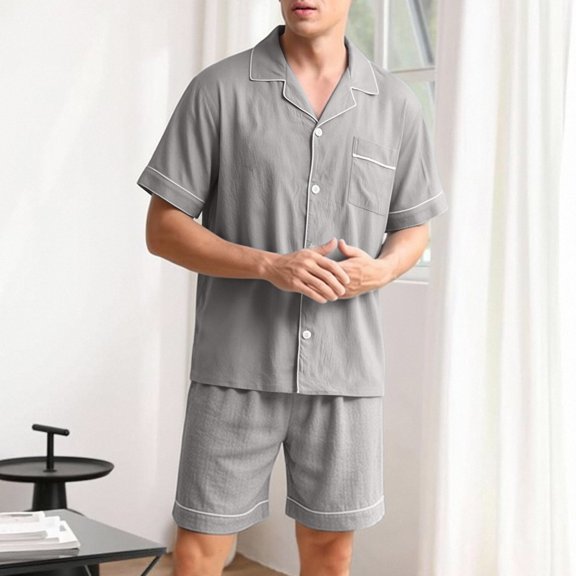 Maqroz Mens 2 Piece Short Set Classic Solid Color Pajamas Short Sleeve Lapel Button Down Shirt Elastic Waist Stretch Lounge Shorts Lightweight Breathable Loungewear