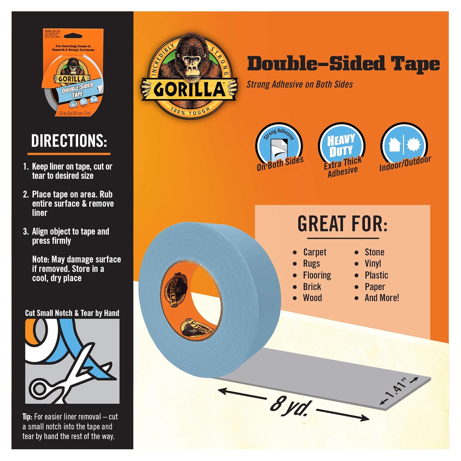 Double-Sided Tape, 1.41" x 8 yd, Gray, (Pack of 2)