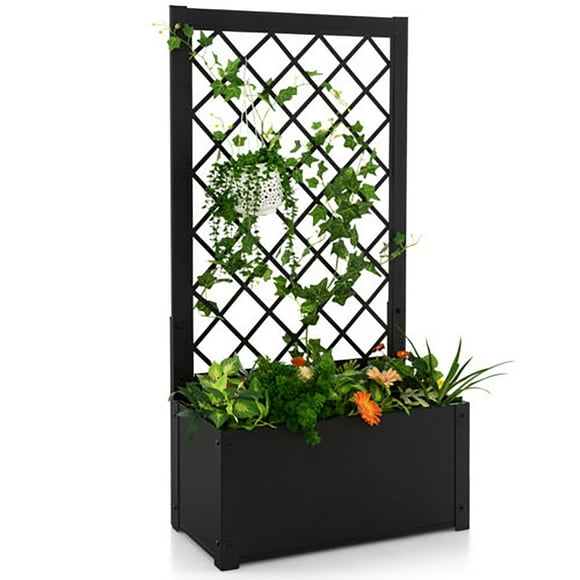 Gymax Raised Garden Bed with Trellis Metal Planter Box w/ Lattice for Climbing Plants