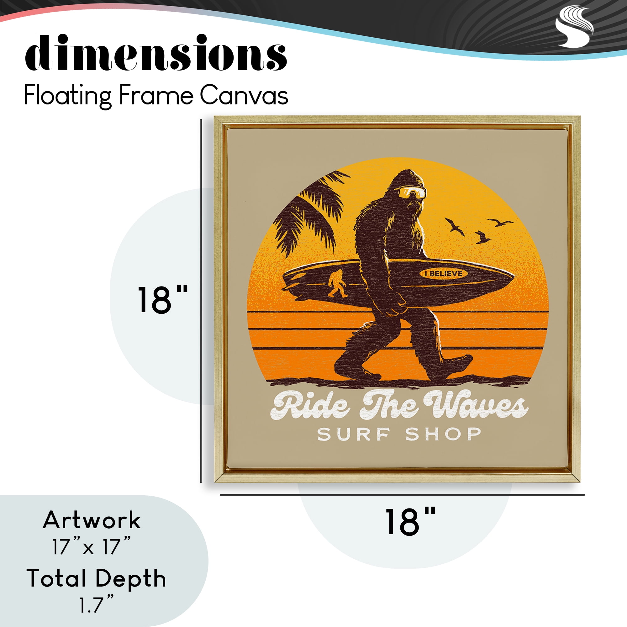 Ride The Waves Surf Shop Gold Framed Floater Canvas Wall Art, design by Jedco Brands Inc.