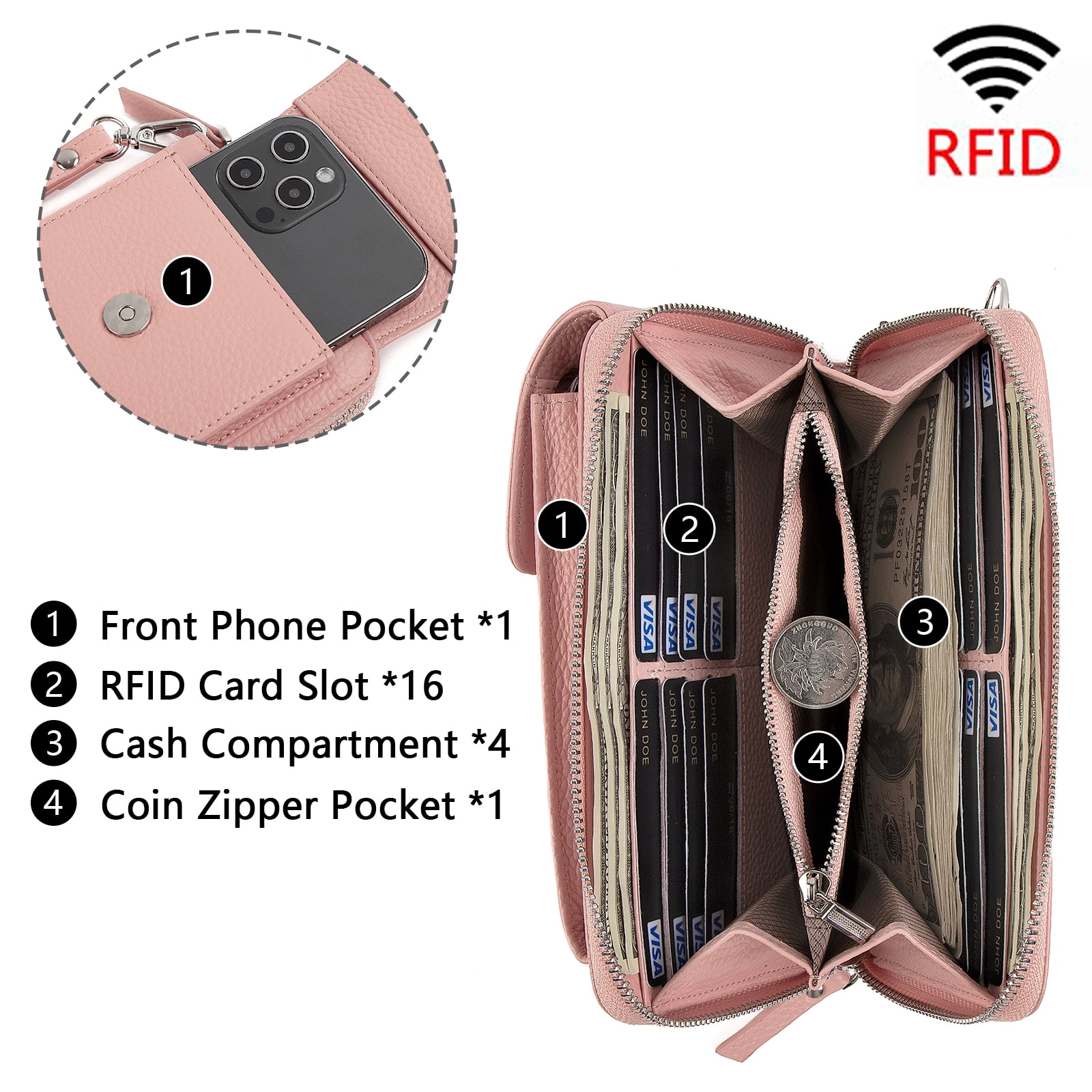 Pearl Angeli Women's Leather Mobile Phone Crossbody Cell Phone Bag RFID (Pink)