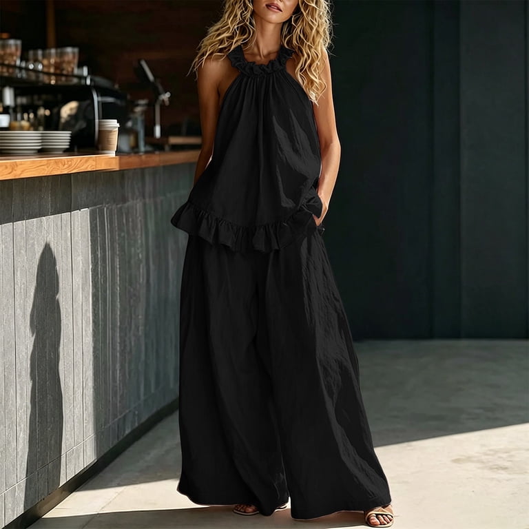 Sleeveless Halter Top Two Piece Set Gauze Two Piece Pant Set