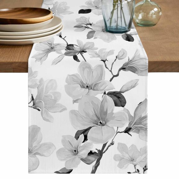 Grey Flowers Table Runner 72 Inches, Spring Watercolor Botanical Floral Leaf Plant Bed Runner Dresser Scarves Tabletop for Indoor Outdoor Parties/Ceremony/Banquet, 18" x 72"