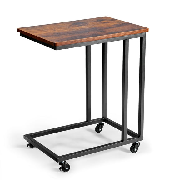 KFFKFF C Shaped Sofa Side Table with Metal Frame and Rolling Casters, Portable End Table for Living Room, Bedroom, or Office, 19.69 x 13.78 x 23.82 inches, Brown and Black
