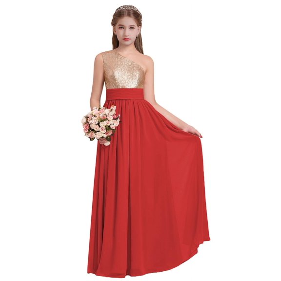 ETHAN A-Line One-Shoulder Floor-Length Chiffon Junior Bridesmaid Dress With Ruffle Red Size 2