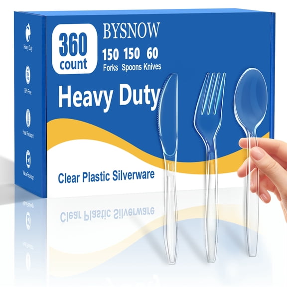 BYSNOW 360 Pack Plastic Silverware, Disposable Cutlery, 150 Forks 150 Spoons 60 Knives, BPA Free Heat Resistant Disposable Silverware, Clear Utensils for Party