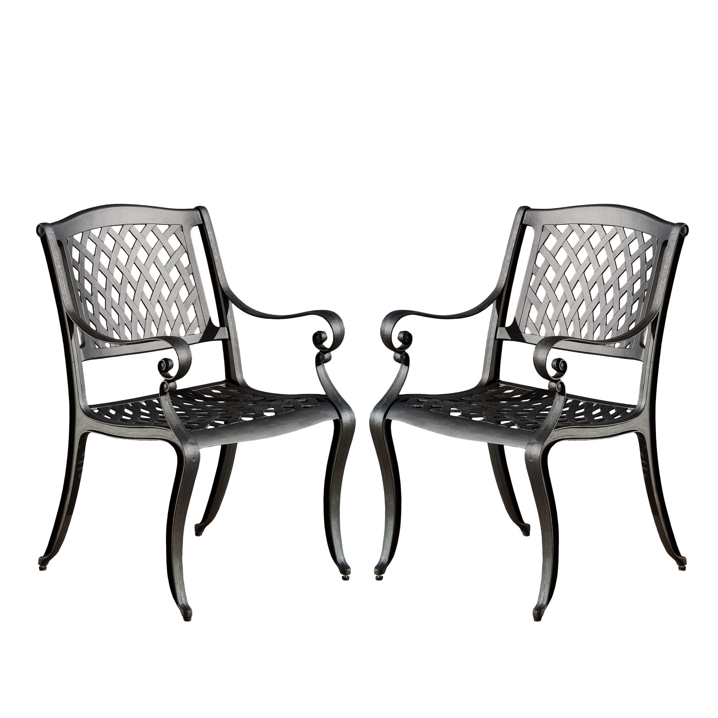 Outdoor Cast Aluminum Arch Mesh Dining Chair Set of 2, Fashion Household Seats for Patio Garden, Black Sand