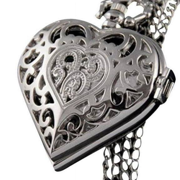 Jewelry On Clearance Women Hollow Heart-Shaped Pocket Watch Necklace Pendant Chain Silver