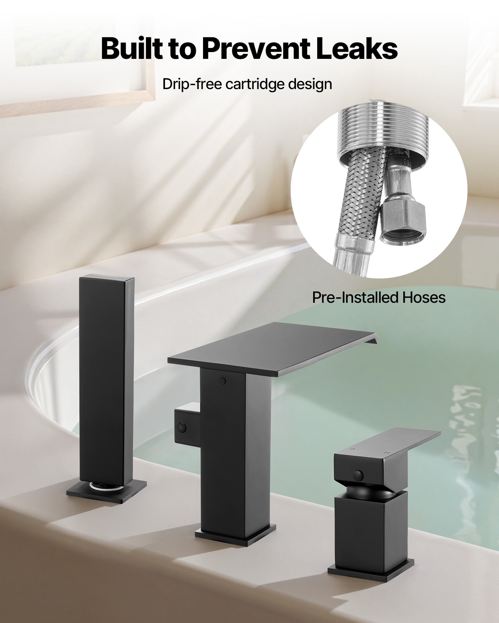 VEVOR Roman Tub Faucet, 3 Hole Waterfall Bathtub Faucet, Roman Bathtub Faucets Set with Shower Head & 1 Handle, Deck Mount Bath Tub Faucets Set for Pet Washing, Baby Care, Adult Bathing, Matte Black