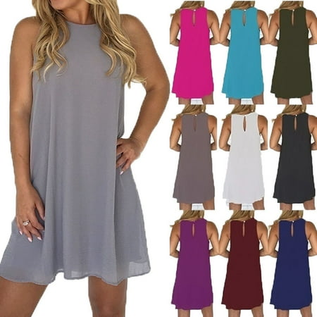 Women's Summer Fashion Round Neck Chiffon Mini Dress Sleeveless Casual Dress