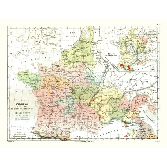 Historic Map - France Charles VII - Cortambert 1880 - Vintage Wall Art