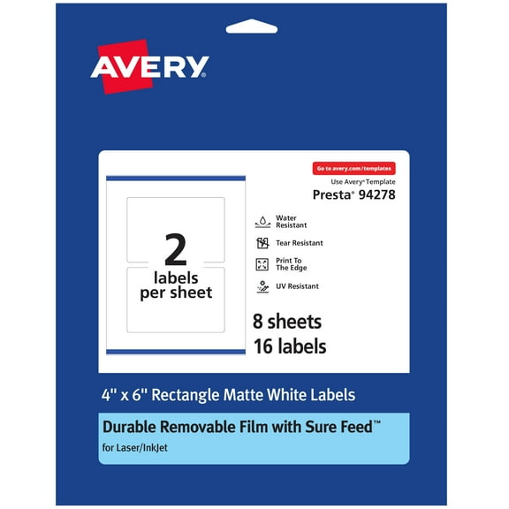 Avery Durable Removable Rectangle Labels, 4" x 6", 16 Labels