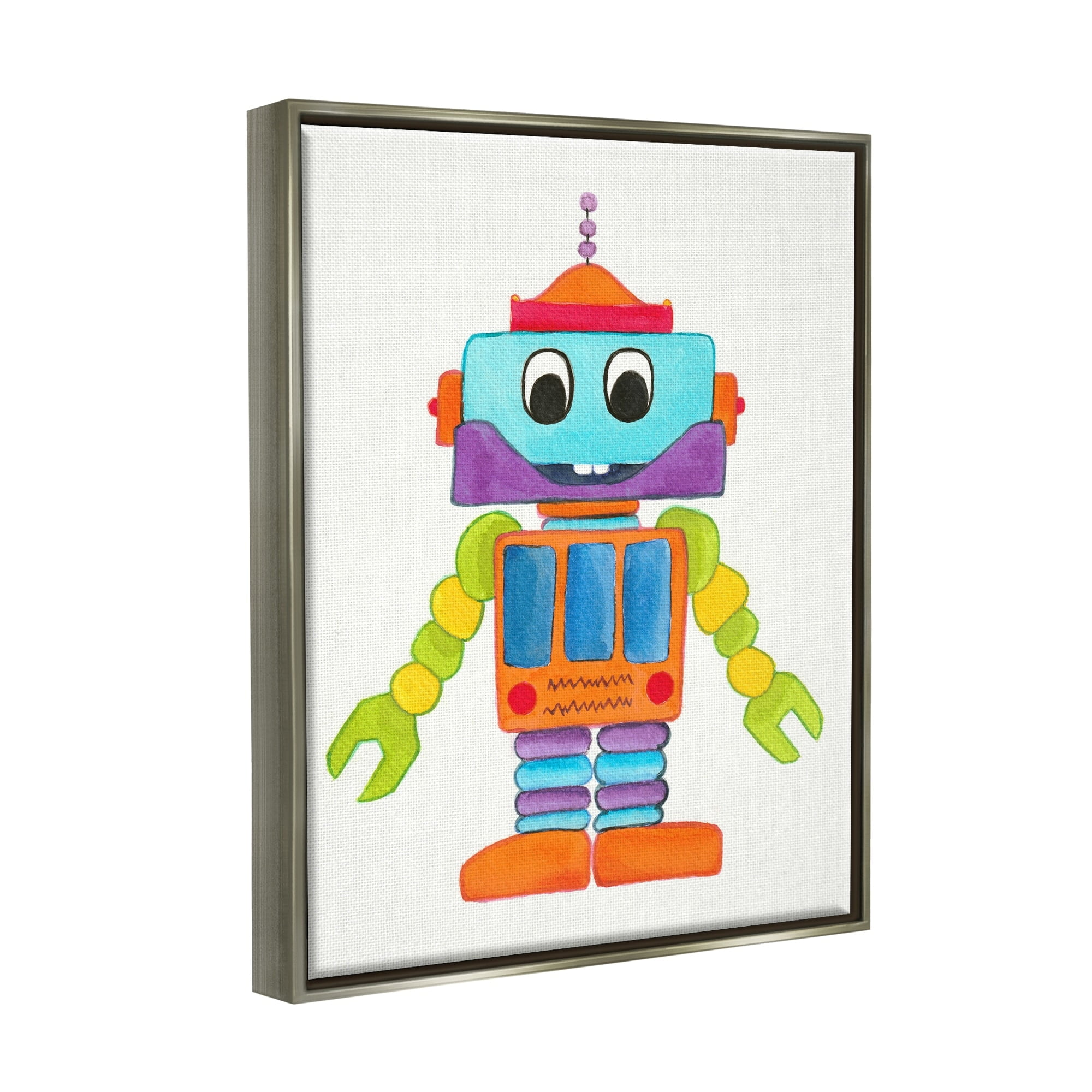 Stupell Industries Bold Smiling Robot Vivid Playful Kids Illustration Painting Luster Gray Floating Framed Canvas Print Wall Art, Design by Elvira Errico
