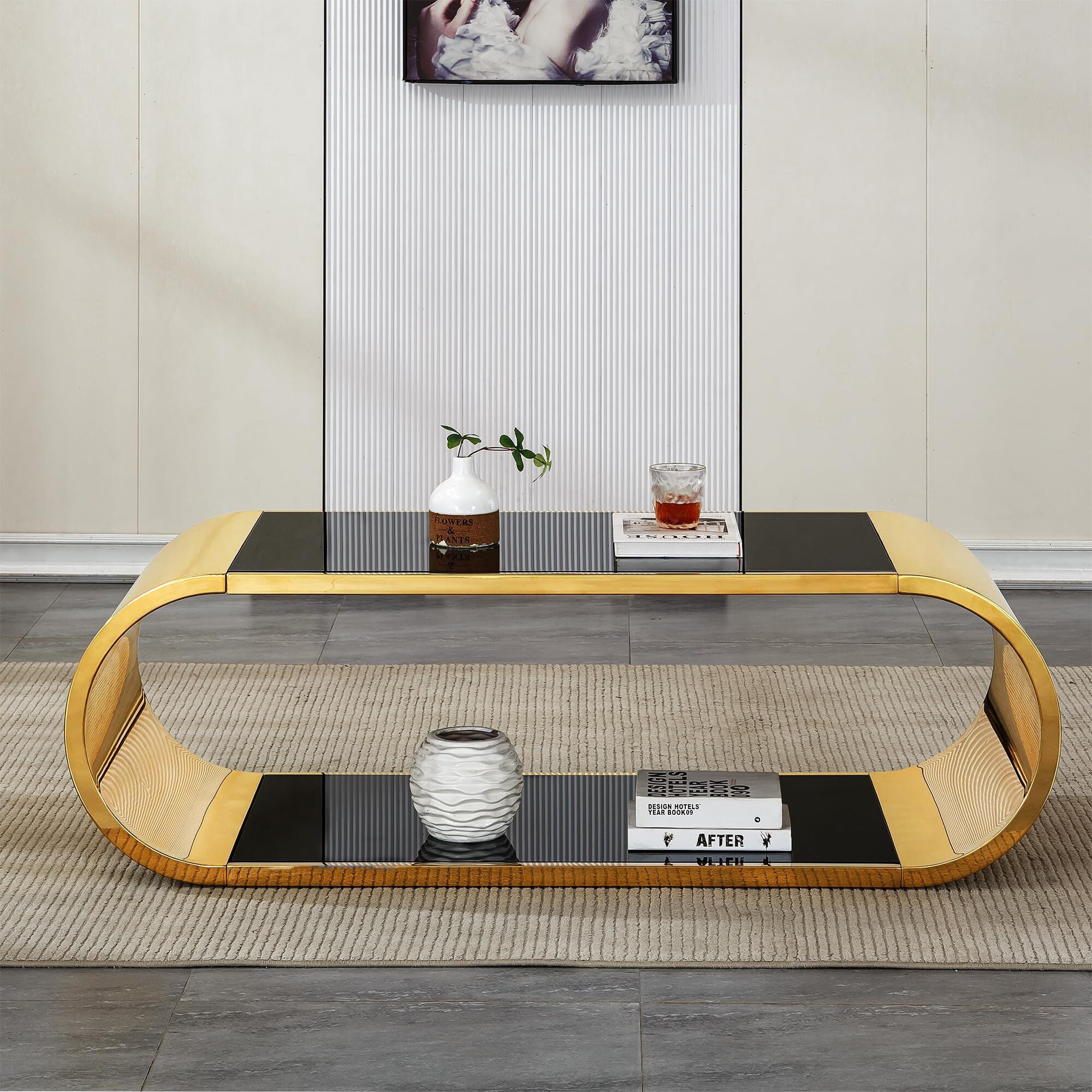 Shikeyi 57" Modern Oval Coffee Table with Gold Stainless Steel Base, 2-Tier Black Tempered Glass Top, Luxury Curved Center Table for Living Room, Home Office, Apartment, Unique Glam Decor
