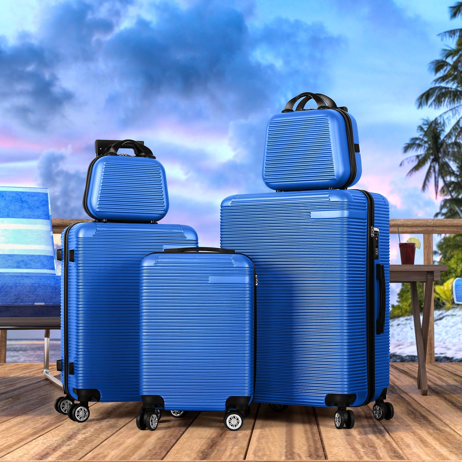 Horizontal Stripe Luggage Travel 5-Piece Set Blue