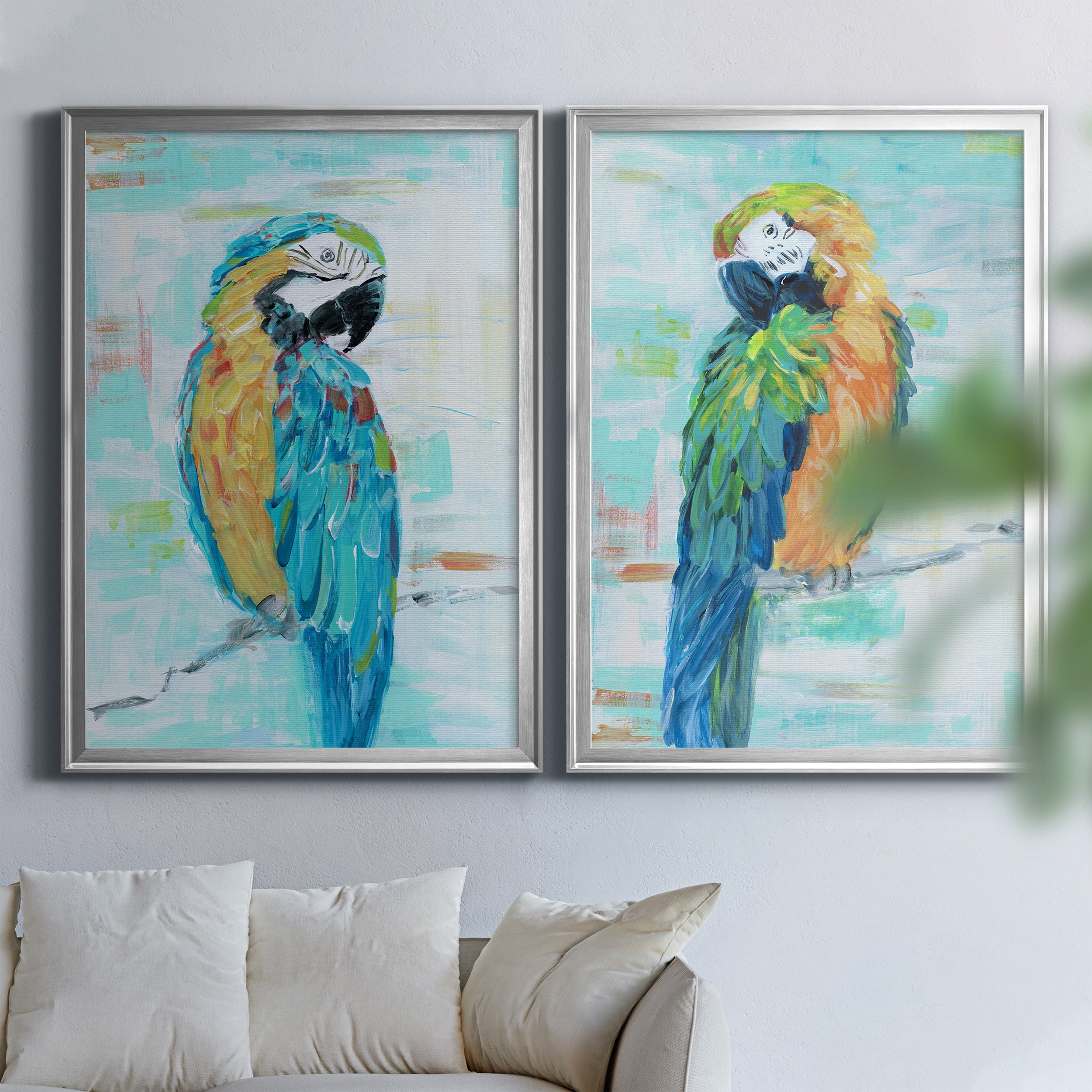 2 Piece Set Island Parrot I Premium Framed Canvas - Ready to Hang - 26.5 x 36.5 Each - Silver Frame