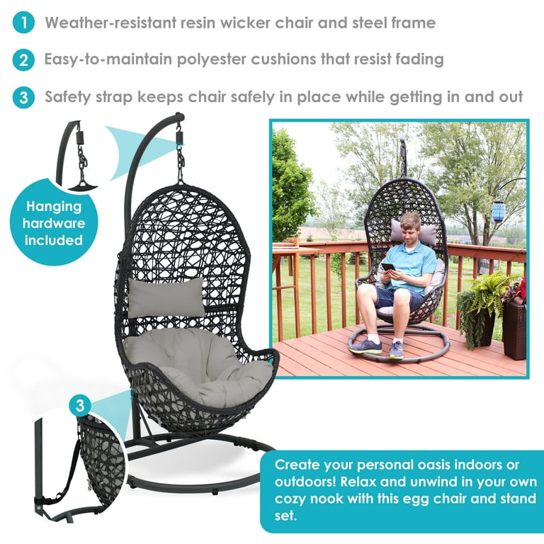 Free Shipping Sunnydaze Cordelia Hanging Egg Chair with Steel Stand and Cushion Gray Walmart Walmart