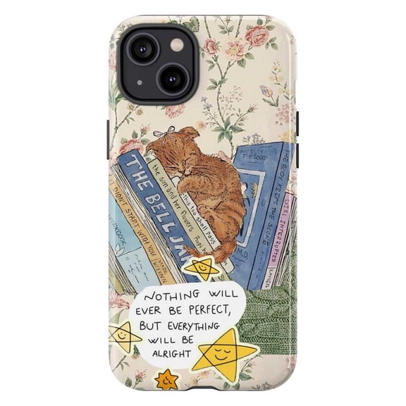 Vintage Cat & Books Quote Phone Case – Cute Literary Aesthetic iPhone Cover with Uplifting Message & Floral Background – Fits iPhone 16 15 14 13 12 11 Pro Max Mini