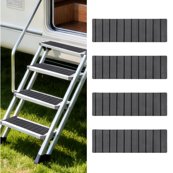 4 Pcs Non-Slip Rubber RV Step Mat, 23.8 x 7.5 in Stair Treads, Self Adhesive Camper Step Covers, Gray Rubber Anti-Slip Stair Treads RV Step Carpet Rug for Trailers, Camper, RV