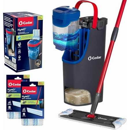 H2prO Flat Mop System with 2 Mop Head Refills | Quick Cleaning Tool | Clean with Clean Water | Machine Washable Reusable Microfiber Mop Pad | Safe on Wood Floors, Vinyl,Tile, Baseboards, Walls