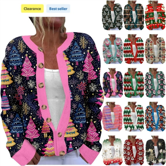 QATAINLAV Christmas Cardigans for Women Plus Size Open Front Button Sweater Tops Xmas Funny Print Long Sleeve Knitted Jacket, Multicolor, XXL