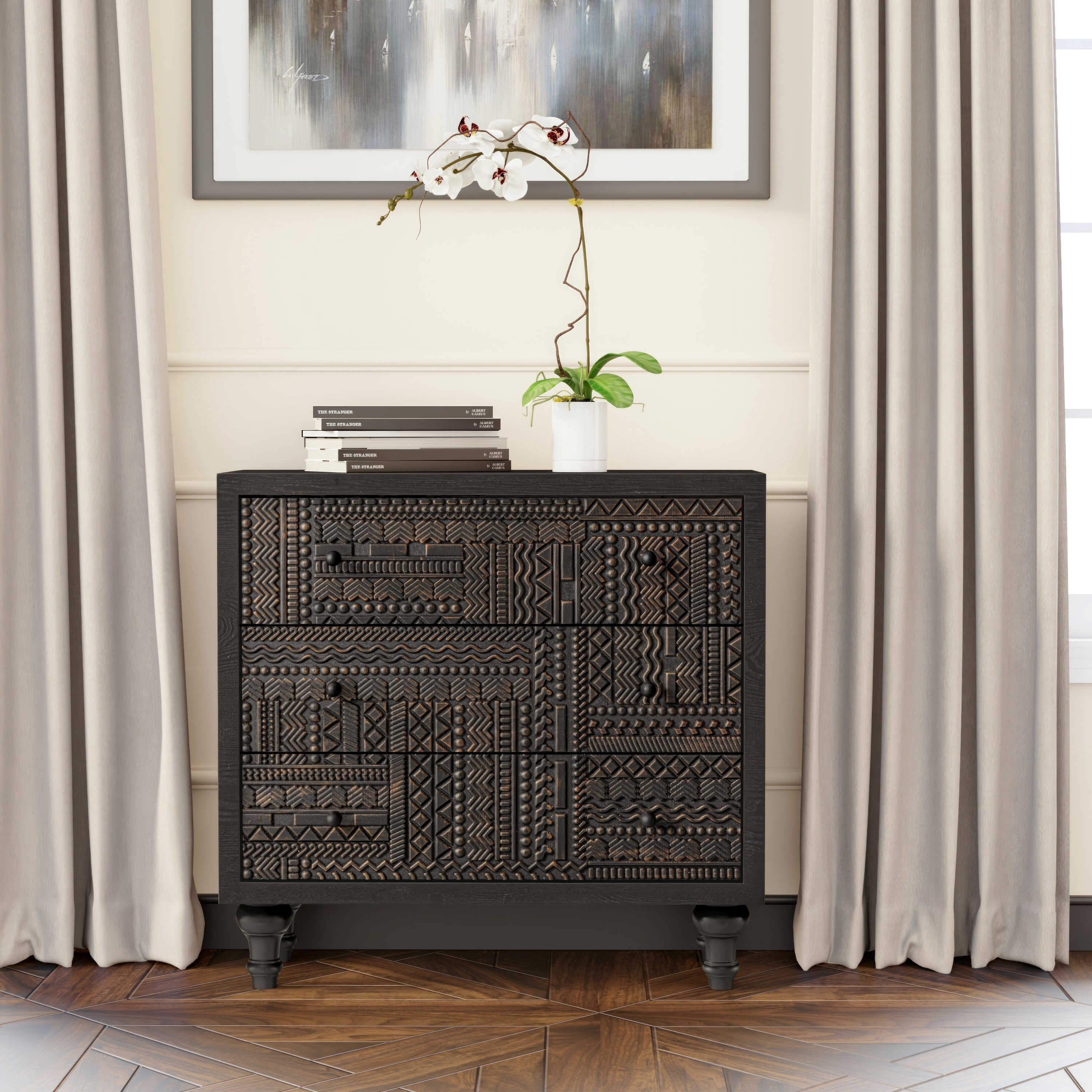 COZAYH 3 Drawer Farmhouse Dresser with Geometric Carved Pattern, Vintage Accent Wood Storage Chest Nightstand for Living Room, Bedroom, Boho, Mid-Century Modern, Black, Fully Assembled