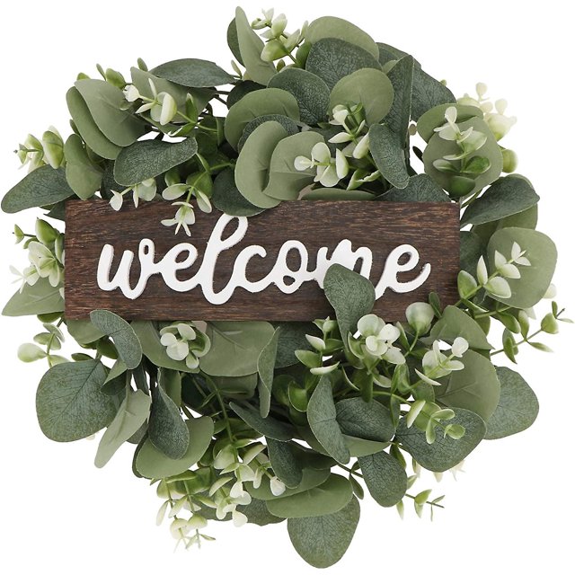 Guirnalda de eucalipto artificial Hojas Rama Guirnalda Señal de bienvenida Corona de puerta Señal de puerta de bienvenida Corona de pared para sala de estar Decoración de pared Boda Primavera Fr