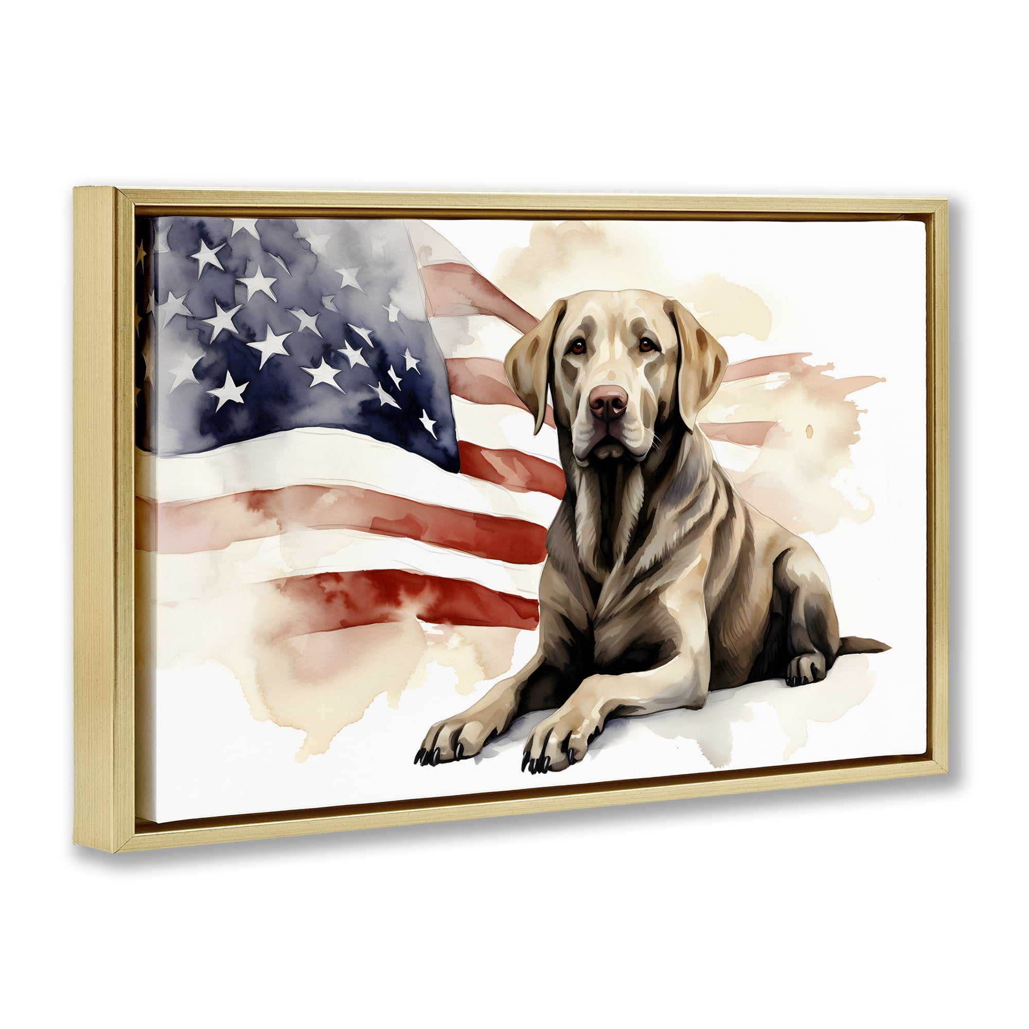 Stupell Industries Patriotic Dog with Flag Animals & Insects Painting Gold Floater Framed Canvas Art Print Wall Art, 31 x 21