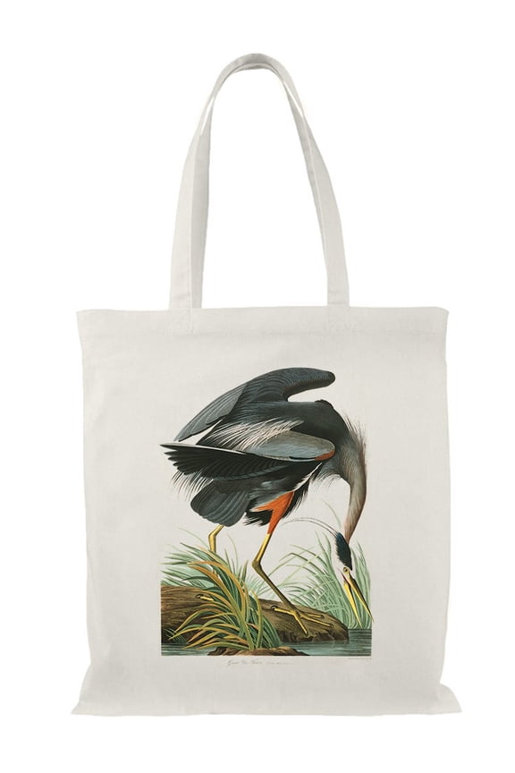 Great Blue Heron Tote Bag - John James Audubon Designs, One Size Cotton Canvas Tote Bag