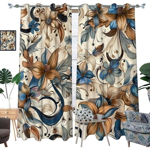 Vintage Floral Blackout Curtains, Bohemian Flower Plant Botanical Grommet Thermal Insulated Curtains Window Drapes For Bedroom Living Room 38"W x 45"L (Pack of 2)