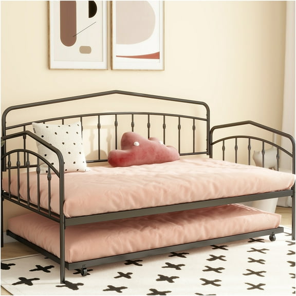 JERFIT Twin Metal Daybed with Trundle, Black, No Box Spring Needed, Space Saving Design, Sturdy Steel Frame