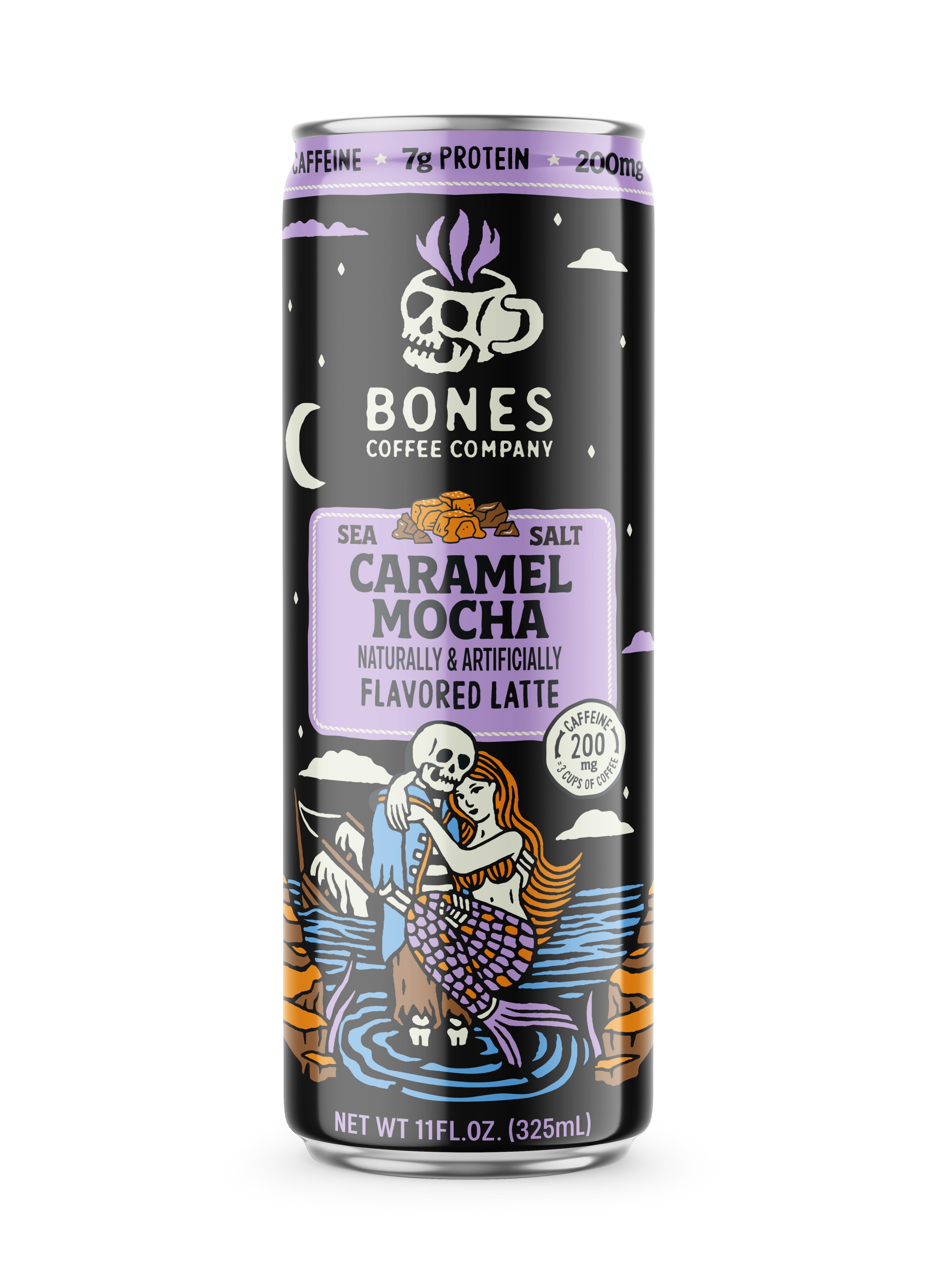 (4 pack) Bones Coffee Company Sea Salt Caramel and Chocolate Flavored Iced Coffee Latte, Ready To Drink Canned Coffee, 11 fl oz Can