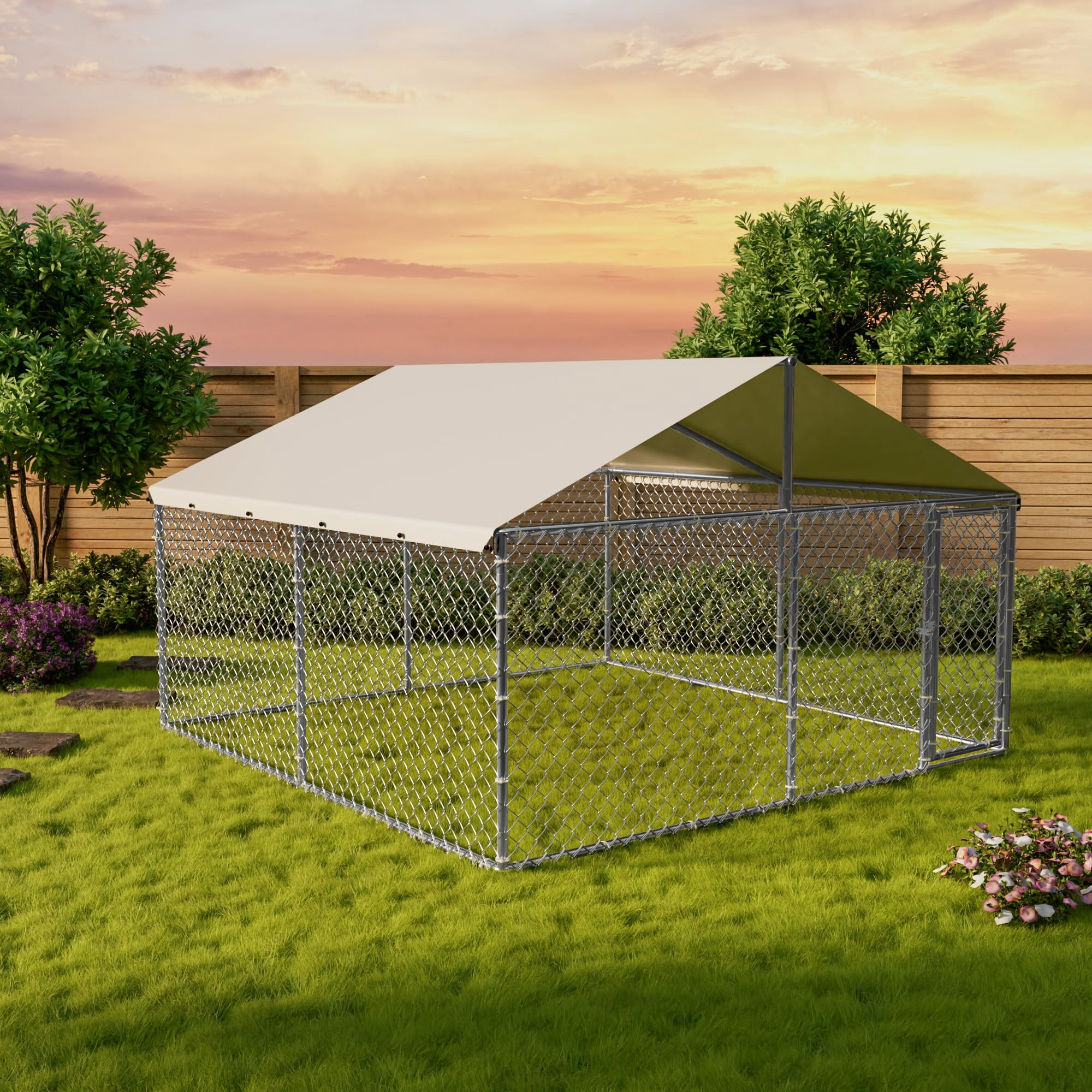 Spacious Heavy-Duty Outdoor Dog Kennel - 10x10x6ft Chain-Link Dog Crate with Waterproof & UV-Resistant Cover, Secure Pet Playpen for Backyard, Farm, and Outdoor Use, Size: 300Lx300Wx180H cm