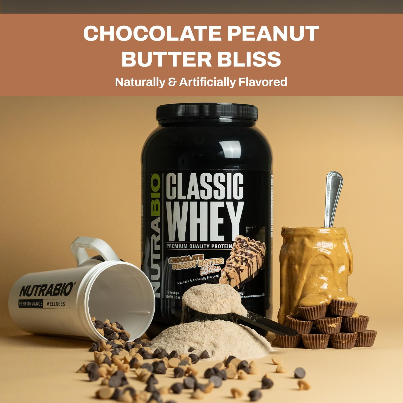 NutraBio Classic Whey Protein Powder- 25G Protein Per Scoop -No Fillers, Artificial Colors, Preservatives - Low Glycemic Index - (Chocolate Peanut Butter, 5 Pounds)