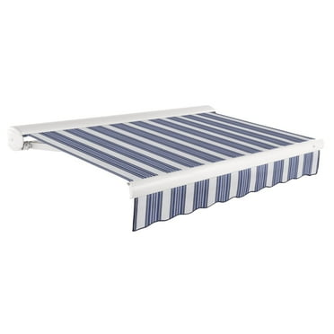 Awntech 10 Ft Key West Right Motorized Heavy Duty Patio Retractable Awning with Cassette (120in x 9.38in x 96in), Navy/Gray/White Multi