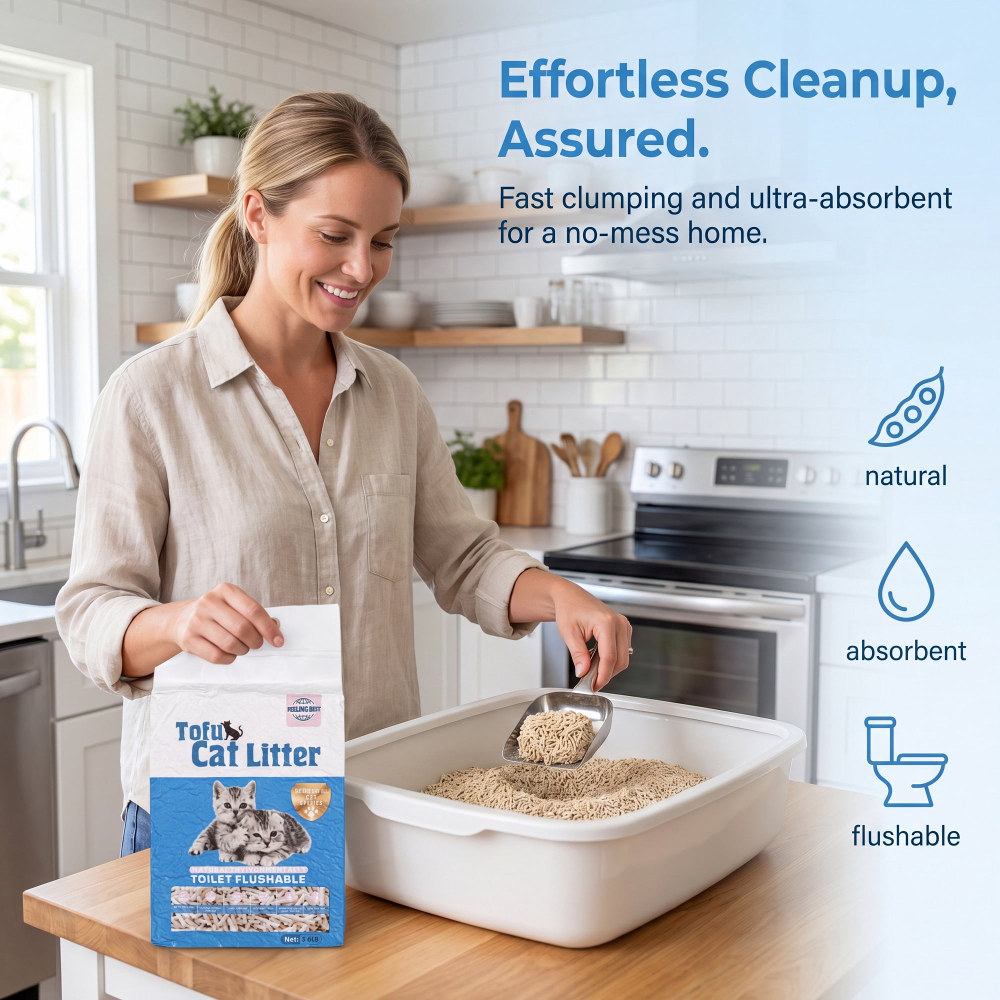 FEELING BEST Tofu Cat Litter 22.4 lb (4 x 5.6 lb), Unscented Clumping, Flushable, Low Dust, Ultra Absorbent for Multi-Cat
