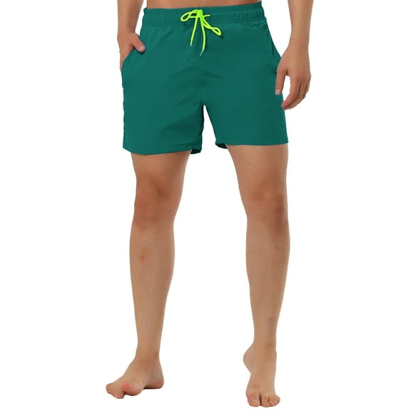 Unique Bargains Men's Summer Holiday Mesh Lining Drawstring Waist Solid Board Shorts 28 Dark Green