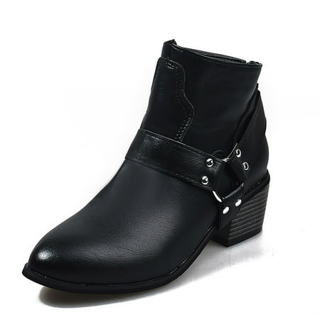

asdoklhq Womens Boots Clearance Under $20 Square Heel Buckle Strap Solid Color Mid Boot Keep Warm Snow Boots