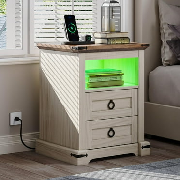 YITAHOME Farmhouse Nightstand with Charging Station, 2 Drawers Night Stand for Bedroom, LED End Table Side Table w/Open Shelf, Off White Walnut Grain